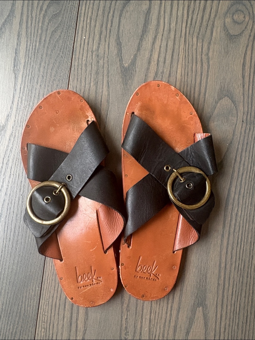 Beek Handmade Black Leather Cross Strap Sandal 7 GUC